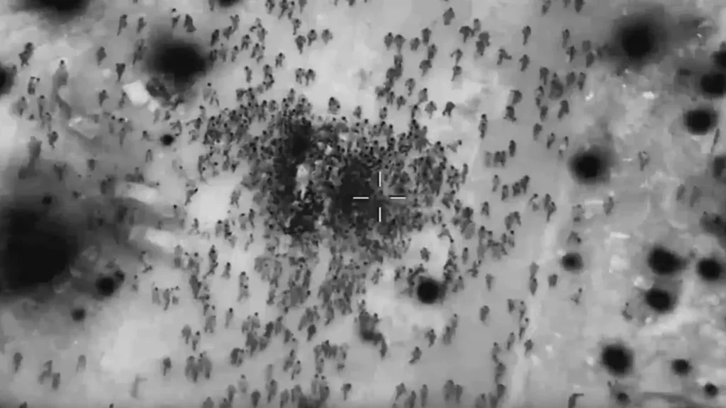 A drone image of multiple individuals